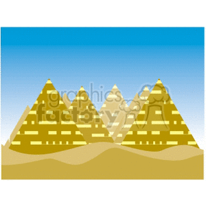 Illustration of multiple pyramids in a desert setting.