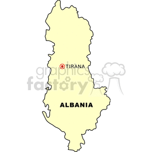 A simple map outline of Albania highlighting the capital city, Tirana.