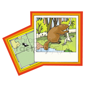   The clipart image shows a cartoon illustration of a beaver standing by a tree near water, with a backdrop of a forest scene. The beaver appears to be holding onto the tree trunk, possibly gnawing at it. To the left of the beaver image is another smaller image, which seems to be a map. The map has a silhouette of a beaver, indicating that it might be representing an area where beavers are found or related to a beaver