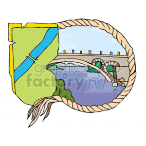   The clipart image features a stylized representation of a geographical map with a river or waterway running through it, partially bordered by a yellow-green area that could represent land or a specific region. To the right, there