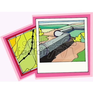   The clipart image features two main elements: a map and a pipeline. The map appears to be a simplified representation with stylized lines possibly indicating roads or boundaries, and it