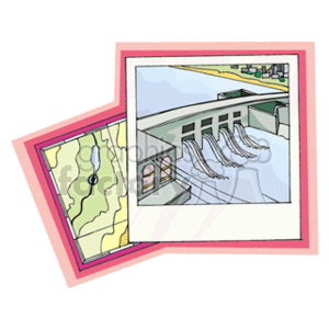 The clipart image features a hydroelectric power station represented as a dam with flowing water. There is also a topographic map shown alongside the image of the dam, likely indicating the location of the hydroelectric power station within a geographic context.