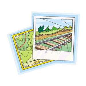 The clipart image features two overlaid images. The background image is of a map with geographic features like rivers outlined in red. The foreground image depicts a section of railway tracks with multiple rails, set in a landscape with greenery and a clear sky overhead.