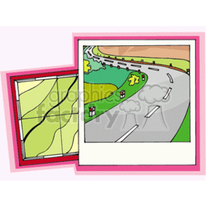 This clipart image features two framed pictures; the one on the left depicts a simplified and abstract map layout, possibly representing farmland or rural areas with its green shades and yellow lines, likely resembling roads. The picture on the right shows a vibrant, cartoonish drawing of a coastal road curving alongside a body of water with a beach and trees. There are also road signs, a car, and dashed road markings, indicating a focus on travel or a road trip.