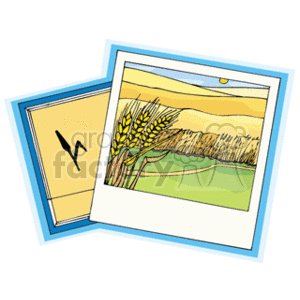 The clipart image contains two overlapping pictures. The top picture displays an illustrated wheat field with golden wheat sheaves in the foreground and green fields in the background under a yellow sky. The bottom picture appears to be a map with a section corner highlighted in yellow and a black bird symbol, commonly used to denote a place of interest or an ornithological feature on maps.