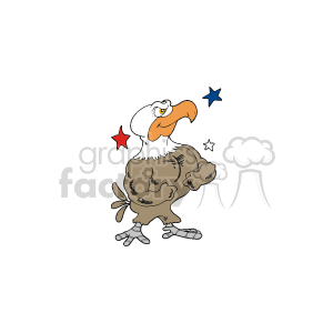 The image is a clipart featuring a stylized cartoon eagle, often associated with American patriotism. The eagle has a strong, muscular appearance, with an intense gaze. It has a white head with a prominent beak, brown body, and sharp talons. There are also stars—red and blue—which are typically used to symbolize the American flag and its values.