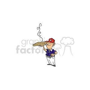   The clipart image depicts a pizza delivery man. He is wearing a cap with a star on it, suggesting an American patriotic theme. He is carrying a long pizza that appears to be steaming hot, indicating it