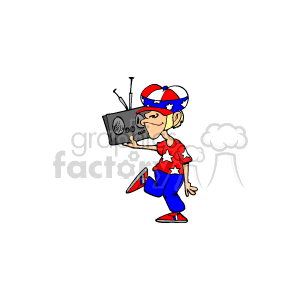 The clipart image depicts a stylized cartoon of a teen dressed in patriotic American attire, featuring stars and stripes. The teenager is holding a boom box on his shoulder and appears to be dancing or walking with a confident, cool demeanor. This image could be representative of youth culture, especially related to breakdancing and music from the era when boom boxes were popular.