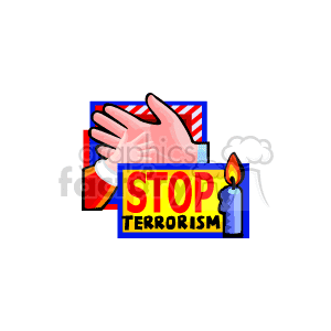 The clipart image shows an illustration with several elements. There is an image of two hands engaging in a handshake. The backdrop to the handshake includes a design that resembles the flag of the United States, with red and white stripes and white stars on a blue field. Below the handshake, there's a prominent yellow banner with blue borders that reads STOP Terrorism in bold, capital letters. Additionally, there is an image of a lit candle with a blue holder to the right of the word STOP and the flame visible above the word Terrorism.
