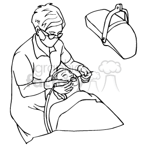 Black and white clipart image of a dentist performing a dental procedure on a patient with a dental tool.
