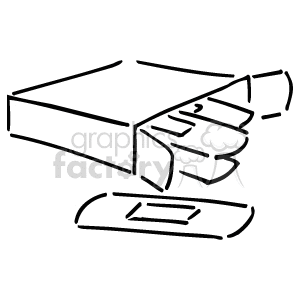 This is a black and white clipart of an open box of plasters (bandaids). The bandaids are coming out of the box, with one of them already out and on the side 