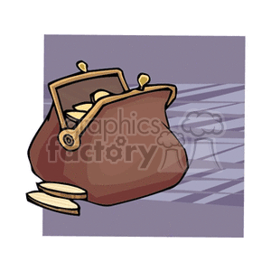 A clipart image of a brown coin purse with gold coins spilling out on a checkered surface.