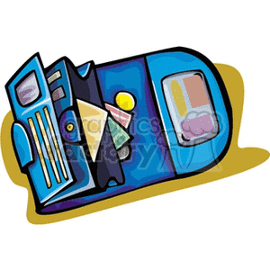A colorful clipart image of an open blue wallet with various contents like cards and a yellow coin.