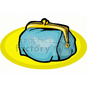 Clipart image of a blue coin purse with a yellow clasp, placed on a yellow circular background.