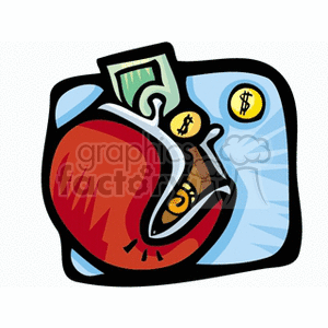 A colorful clipart image depicting a red coin purse with a dollar bill sticking out and two gold coins nearby.