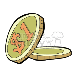 The image is a clipart illustration of two coins, with one coin standing upright and the other lying flat. They seem to represent a stylized version of currency, as indicated by the $1 symbol prominently displayed, suggesting these are one-dollar coins.