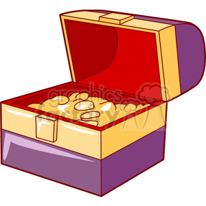 A colorful clipart image of an open treasure chest filled with gold coins.