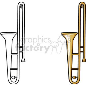 Illustration of two trombones, one outlined and one in color.