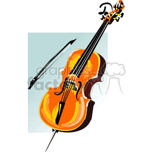 A colorful clipart image of a violin with a bow.