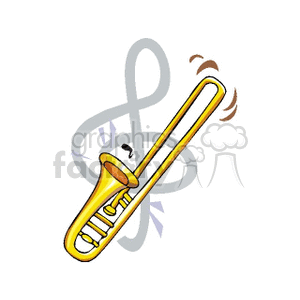 Clipart image of a yellow trombone with a large treble clef in the background.