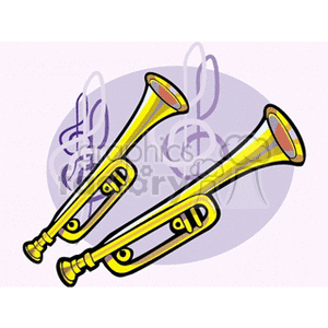 Clipart image of two yellow trumpets with treble clef symbols in the background.