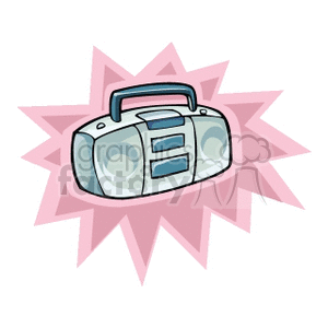 Illustration of a retro boombox with a starburst background.