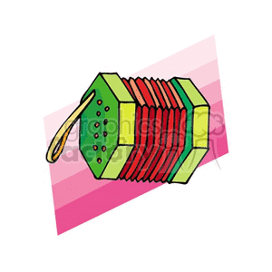 A colorful clipart image of an accordion with a green and red design.