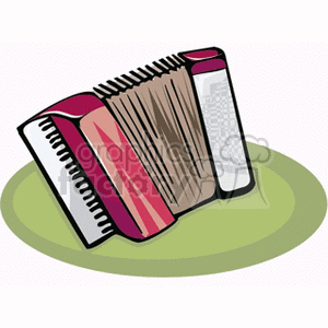 A colorful clipart illustration of an accordion placed on a green oval background.