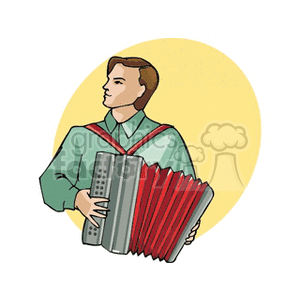 Illustration of a person playing an accordion with a yellow background.