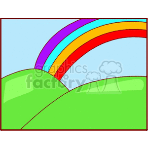 Clipart image of a colorful rainbow arching over green hills against a clear blue sky.