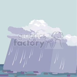 Illustration of heavy storm clouds with rain falling over a landscape.