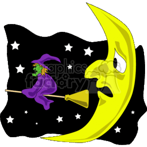   The clipart image depicts a stylized yellow crescent moon with a face, looking at a purple witch character flying on a broom. The witch is wearing a traditional pointed witch