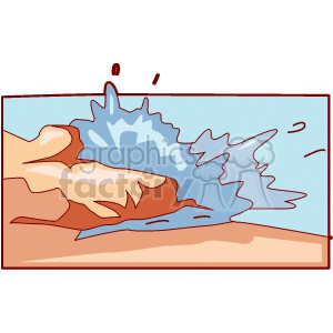 A clipart illustration of a water wave splashing against a rocky surface, emphasizing nature and aquatic motion.