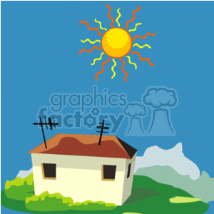 The image depicts a stylized scene with a small house at the forefront, which has a brown roof, white walls, and appears to be situated on greenery indicating grass or a yard. Above the house, there is a vibrant sun with extended rays, suggesting bright sunlight and a clear, predominantly blue sky. Two clouds are present, one of which is large and white, while the other is smaller and slightly gray, both slightly overlapping the image of the sun. The overall impression is one of a sunny and pleasant day with some minor cloud coverage.