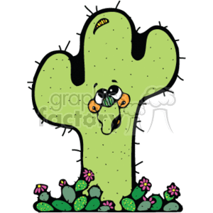   This is a whimsical, country-style clipart image of a green saguaro cactus. It includes details like small flowers and prickly pears at its base, which add to its desert theme, and it seems to have a funny face with cowboy-style features, including a nose that resembles a cow