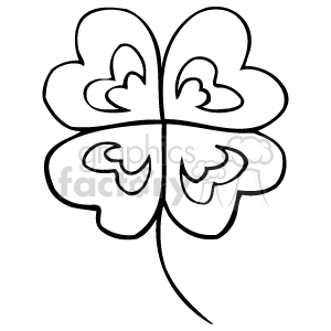 The image is a simple black and white line art illustration of a four-leaf clover, which is often associated with good luck and is a common symbol related to St. Patrick's Day celebrations.