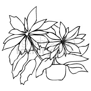 This clipart image features two stylized flowers with multiple petals, accompanied by leaves, all emerging from a pot. The image is rendered in black and white line art, suitable for coloring or as a graphic design element.