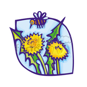 A clipart image of a bee hovering over dandelion flowers.