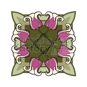 A symmetrical floral pattern with pink and white flowers and green leaves in a decorative design.