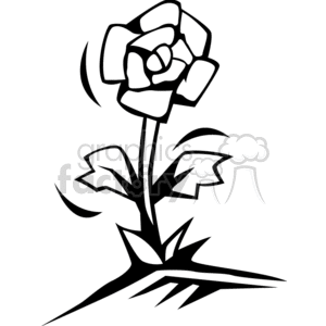 A black and white clipart image of a stylized rose with leaves on a stem.