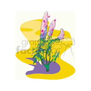 A colorful clipart image of stylized flowers with pink and white blooms on a vibrant yellow and purple background.