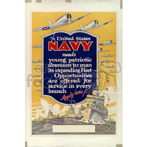 A vintage United States Navy recruitment poster featuring airplanes and naval ships, with a prominent message encouraging young patriotic Americans to join the Navy.