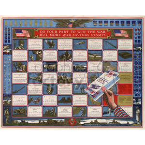 World War II era patriotic poster promoting the purchase of war savings stamps, featuring various military scenes and symbols, with the message 'Do Your Part to Win the War - Buy More War Savings Stamps.'