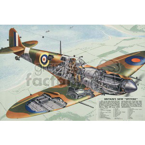 A detailed cutaway illustration of a British Spitfire aircraft, showcasing the internal components and structure, with labels and annotations explaining various parts of the airplane. The background includes a coastal landscape with water and small boats.