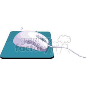 The clipart image depicts a computer mouse resting on a mouse pad. The mouse appears to be a conventional two-button mouse with a scroll wheel and a cord extending out of it.