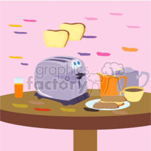 The clipart image depicts a breakfast scene featuring a toaster in the center with two slices of toast popping out. On the tabletop, there is also a plate with a piece of toast, a butter knife, a cup of tea or coffee, a teapot, an orange juice jug, and a glass filled with orange juice. The background is a pleasant pink hue with abstract accents, suggesting a cheerful morning atmosphere.
