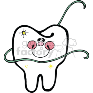 The image is a cartoon-style clipart of a smiling tooth with cute facial features such as blushing cheeks, and eyes (one winking). The tooth is wrapped around with a piece of dental floss, suggesting an emphasis on dental hygiene.