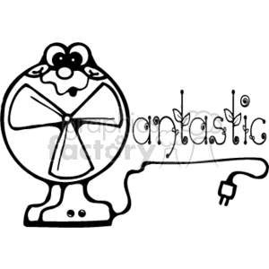   This clipart image features a stylized representation of a country-style electric table fan. The fan has a flower-like detail on its front, a round base for stability, and a plug on the end of its cord, signifying its electric nature. The word fantastic, which is a play on the word fan, is artistically integrated into the image, suggesting that the fan is fantastic or that it