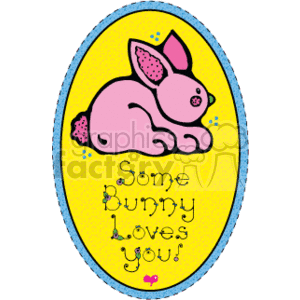   The clipart image features a country-style, cartoon illustration of a pink Easter bunny lying down with one ear folded over. The cartoon bunny is framed within an elliptical border that has a decorative blue edge. Below the bunny, there