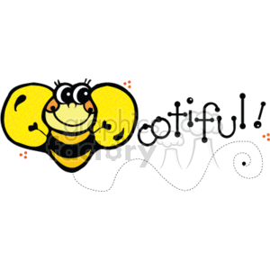 The image is a playful and stylized depiction of a bee with a cute expression. The bee has oversized eyes and a friendly smile, adding a whimsical touch. The word ootiful! is written next to the bee, with the b replaced by the bee's body, to create a pun on the word beautiful. The design includes elements like a dotted flight path to give the impression of buzzing movement, and decorative dots to add to the cheerful aesthetic. The style is reminiscent of country-style artwork, with a simple and charming feel to it.